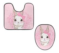 VAPOKF Set di 2 tappetini da bagno con piedistallo, tappetino sagomato a forma di U e copriwater copriwater, morbida flanella antiscivolo, disegno a mano, coniglietto rosa