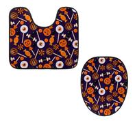 VAPOKF Set di 2 tappetini da bagno con piedistallo, tappetino sagomato a forma di U e copriwater copriwater, morbida flanella antiscivolo, copri tavoletta del WC, motivo: caramelle di Halloween