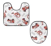 VAPOKF Set di 2 tappetini da bagno con piedistallo, tappetino sagomato a forma di U e copriwater, morbida flanella antiscivolo, copriwater, copriwater, camion dei pompieri, scala di salvataggio degli