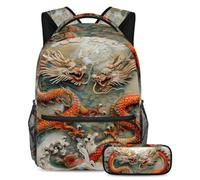 VAPOKF Set di 2 zaini per la scuola antichi draghi per adolescenti, ragazze, ragazzi, bambini, zaino per studenti con astuccio per scuola primaria secondaria, Multi, Taglia unica, Set di zaini per la