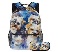 VAPOKF Set di 3 borse per la scuola Shih Tzu ad acquerello, per adolescenti, ragazze, ragazzi, bambini, zaino per studenti con astuccio per scuola primaria secondaria, Multi, Taglia unica, Set di
