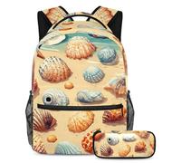 VAPOKF Set di borse per la scuola con conchiglie sull'acqua di mare e sabbia, per adolescenti, ragazze, ragazzi, bambini, zaino per studenti con astuccio per scuola primaria secondaria