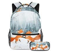 VAPOKF Set di borse per la scuola con volpi carine che giocano sulla neve, per adolescenti, ragazze, ragazzi, bambini, zaino con astuccio per scuola elementare secondaria, Multi, Taglia unica, Set di