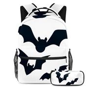 VAPOKF Set di tre zaini neri per la scuola con pipistrelli di Halloween, per adolescenti, ragazze, ragazzi, bambini, zaino per studenti con astuccio per scuola primaria secondaria, Multi, Taglia