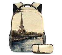 VAPOKF Set di zaini da scuola con motivo France Travel Bridge River Paris Tower per adolescenti, ragazze, ragazzi, bambini, zaino con astuccio per scuola primaria secondaria