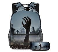 VAPOKF Set di zaini da scuola spaventosi con motivo zombie fuori dal cimitero, per adolescenti, ragazze, ragazzi, bambini, zaino con astuccio per scuola elementare secondaria, Multi, Taglia unica, Set