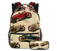 VAPOKF Set di zaini da scuola vintage con macchina da corsa per adolescenti, ragazze, ragazzi, bambini, zaino per studenti con astuccio per scuola primaria secondaria, Multi, Taglia unica, Set di
