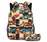 VAPOKF Set di zaini per la scuola a scacchi con auto da corsa rosse e blu, per adolescenti, ragazze, ragazzi, bambini, zaino con astuccio per scuola primaria secondaria e media, Multi, Taglia unica