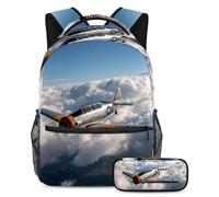VAPOKF Set di zaini per la scuola con aereo motorizzato nel cielo per adolescenti, ragazze, ragazzi, bambini, zaino per studenti con astuccio per scuola primaria secondaria