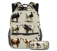 VAPOKF Set di zaini per la scuola con animali della fattoria delle mucche, per adolescenti, ragazze, ragazzi, bambini, zaino per studenti con astuccio per scuola primaria secondaria, Multi, Taglia
