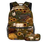 VAPOKF Set di zaini per la scuola con animali della fattoria su campo di girasoli per adolescenti, ragazze, ragazzi, bambini, zaino per studenti con astuccio per scuola primaria secondaria