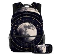 VAPOKF Set di zaini per la scuola con astrologia e luna sullo spazio, per adolescenti, ragazze, ragazzi, bambini, zaino per studenti con astuccio per scuola primaria secondaria