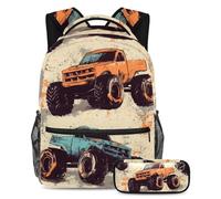 VAPOKF Set di zaini per la scuola con auto con mostri arancioni e blu, per adolescenti, ragazze, ragazzi, bambini, zaino con astuccio per scuola elementare secondaria e secondaria, Multi, Taglia unica