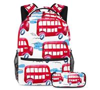 VAPOKF Set di zaini per la scuola con autobus rosso di Londra, per adolescenti, ragazze, ragazzi, bambini, zaino con astuccio per scuola elementare secondaria, Multi, Taglia unica, Set di zaini per la