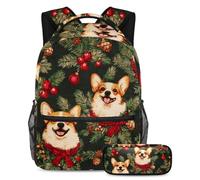 VAPOKF Set di zaini per la scuola con campanelle di Natale Corgis Red Berry per adolescenti, ragazze, ragazzi, bambini, zaino per studenti con astuccio per scuola primaria secondaria, Multi, Taglia