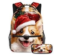 VAPOKF Set di zaini per la scuola con cappello di Babbo Natale e cane Corgi, per adolescenti, ragazze, ragazzi, bambini, zaino con astuccio per scuola elementare secondaria, Multi, Taglia unica, Set