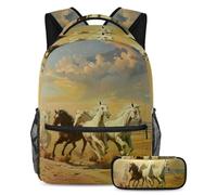 VAPOKF Set di zaini per la scuola con cavalli al galoppo nel deserto, per adolescenti, ragazze, ragazzi, bambini, zaino per studenti con astuccio per scuola primaria secondaria, Multi, Taglia unica,