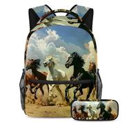 VAPOKF Set di zaini per la scuola con cavalli al galoppo nel deserto, per adolescenti, ragazze, ragazzi, bambini, zaino per studenti con astuccio per scuola primaria secondaria, Multi, Taglia unica,