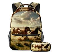 VAPOKF Set di zaini per la scuola con cavalli al galoppo nel prato per adolescenti, ragazze, ragazzi, bambini, zaino con astuccio per scuola elementare secondaria, Multi, Taglia unica, Set di zaini