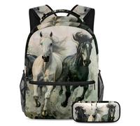 VAPOKF Set di zaini per la scuola con cavalli bianchi e neri al galoppo, per adolescenti, ragazze, ragazzi, bambini, zaino per studenti con astuccio per scuola primaria secondaria, Multi, Taglia