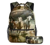 VAPOKF Set di zaini per la scuola con cavallo al galoppo nel mare per adolescenti, ragazze, ragazzi, bambini, zaino per studenti con astuccio per scuola primaria secondaria, Multi, Taglia unica, Set