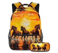 VAPOKF Set di zaini per la scuola con cavallo sul mare e alba per adolescenti, ragazze, ragazzi, bambini, zaino per studenti con astuccio per scuola primaria secondaria, Multi, Taglia unica, Set di