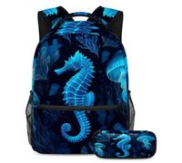 VAPOKF Set di zaini per la scuola con cavalluccio marino blu e coralli meduse per adolescenti, ragazze, ragazzi, bambini, zaino per studenti con astuccio per scuola primaria secondaria