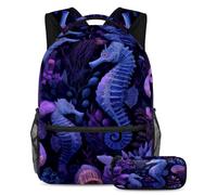 VAPOKF Set di zaini per la scuola con cavalluccio marino marino meduse coralli per adolescenti, ragazze, ragazzi, bambini, zaino per studenti con astuccio per scuola primaria secondaria