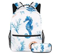 VAPOKF Set di zaini per la scuola con cavalluccio marino, meduse e coralli, per adolescenti, ragazze, ragazzi, bambini, con astuccio per scuola elementare e secondaria
