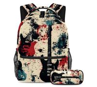 VAPOKF Set di zaini per la scuola con chitarra su sfondo grunge per adolescenti, ragazze, ragazzi, bambini, zaino con astuccio per scuola elementare secondaria, Multi, Taglia unica, Set di zaini per