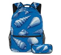 VAPOKF Set di zaini per la scuola con conchiglie blu scuro per adolescenti, ragazze, ragazzi, bambini, zaino per studenti con astuccio per scuola primaria secondaria