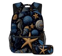 VAPOKF Set di zaini per la scuola con conchiglie e stella marina cavalluccio marino per adolescenti, ragazze, ragazzi, bambini, zaino con astuccio per scuola elementare secondaria