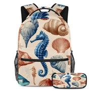 VAPOKF Set di zaini per la scuola con conchiglie marine cavalluccio marino per adolescenti, ragazze, ragazzi, bambini, zaino con astuccio per scuola primaria secondaria