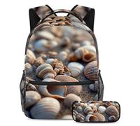 VAPOKF Set di zaini per la scuola con conchiglie sulla spiaggia, per adolescenti, ragazze, ragazzi, bambini, zaino con astuccio per scuola elementare, secondaria