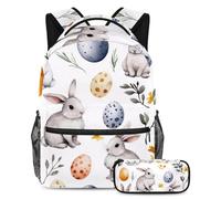 VAPOKF Set di zaini per la scuola con coniglietti e uova di Pasqua per adolescenti, ragazze, ragazzi, bambini, zaino per studenti con astuccio per scuola primaria secondaria, Multi, Taglia unica, Set