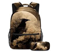 VAPOKF Set di zaini per la scuola con corvo nero nella foresta scura per adolescenti, ragazze, ragazzi, bambini, zaino per studenti con astuccio per scuola primaria secondaria, Multi, Taglia unica,