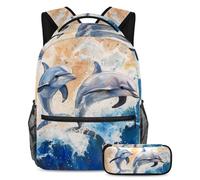 VAPOKF Set di zaini per la scuola con delfini marini blu acquerello, per adolescenti, ragazze, ragazzi, bambini, zaino per studenti con astuccio per scuola primaria secondaria, Multi, Taglia unica