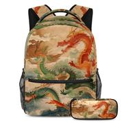 VAPOKF Set di zaini per la scuola con draghi rossi e verdi, per adolescenti, ragazze, ragazzi, bambini, zaino con astuccio per scuola elementare secondaria e secondaria, Multi, Taglia unica, Set di