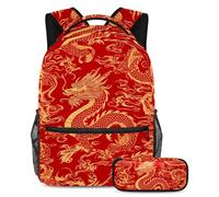 VAPOKF Set di zaini per la scuola con drago cinese dorato e rosso, per adolescenti, ragazze, ragazzi, bambini, zaino con astuccio per scuola primaria secondaria