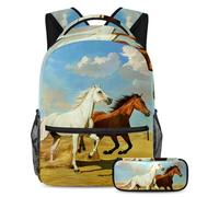 VAPOKF Set di zaini per la scuola con due corse di cavalli nel deserto, per adolescenti, ragazze, ragazzi, bambini, zaino per studenti con astuccio per scuola primaria secondaria, Multi, Taglia unica,
