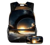 VAPOKF Set di zaini per la scuola con eclissi solare sulla montagna per adolescenti, ragazze, ragazzi, bambini, zaino per studenti con astuccio per scuola primaria secondaria, Multi, Taglia unica, Set