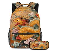 VAPOKF Set di zaini per la scuola con fiori di drago dorato e peonia, per adolescenti, ragazze, ragazzi, bambini, zaino per studenti con astuccio per scuola primaria secondaria, Multi, Taglia unica