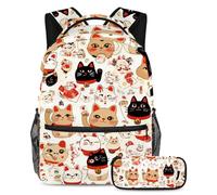 VAPOKF Set di zaini per la scuola con gatti della fortuna giapponesi, per adolescenti, ragazze, ragazzi, bambini, zaino per studenti con astuccio per scuola primaria secondaria