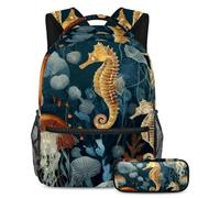 VAPOKF Set di zaini per la scuola con grazioso motivo meduse e cavallucci marini per adolescenti, ragazze, ragazzi, bambini, zaino con astuccio per scuola primaria secondaria e superiore