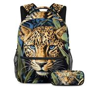 VAPOKF Set di zaini per la scuola con leopardo selvatico nella giungla, per adolescenti, ragazze, ragazzi, bambini, zaino con astuccio per scuola elementare e secondaria, Multi, Taglia unica, Set di