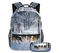 VAPOKF Set di zaini per la scuola con lupi che camminano sulla foresta fredda, per adolescenti, ragazze, ragazzi, bambini, zaino con astuccio per scuola elementare secondaria, Multi, Taglia unica, Set