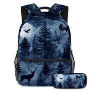 VAPOKF Set di zaini per la scuola con lupo e cervo, foresta notturna, per adolescenti, ragazze, ragazzi, bambini, zaino con astuccio per scuola elementare secondaria, Multi, Taglia unica, Set di zaini