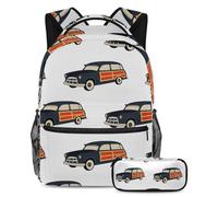 VAPOKF Set di zaini per la scuola con macchina da surf retrò, per adolescenti, ragazze, ragazzi, bambini, zaino per studenti, zaino con astuccio per scuola primaria secondaria, Multi, Taglia unica,