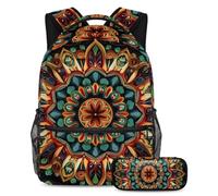 VAPOKF Set di zaini per la scuola con mandala verde, per adolescenti, ragazze, ragazzi, bambini, zaino per studenti, con astuccio per scuola primaria, secondaria, junior, Multi, Taglia unica, Set di
