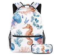 VAPOKF Set di zaini per la scuola con meduse acquerellabili, coralli, cavalluccio marino, per adolescenti, ragazze, ragazzi, bambini, con astuccio per scuola elementare e secondaria
